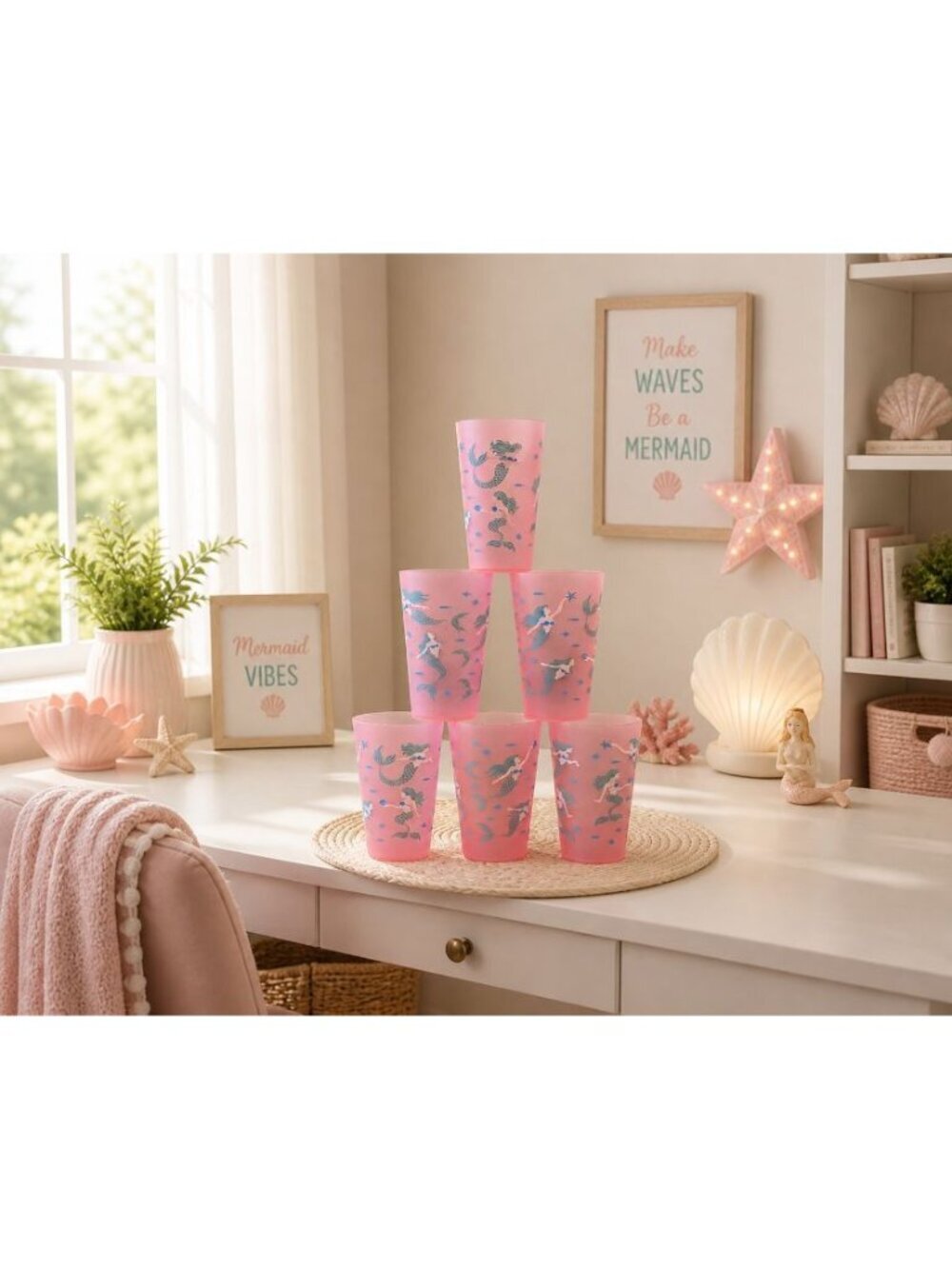6 New Pink Ocean Mermaid Plastic Indoor Outdoor Party Beverage Cup Set